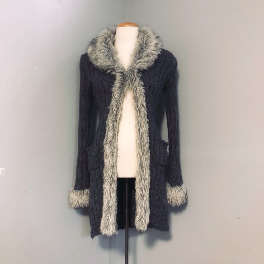 Y2K faux fur trim ribbed knit long cardigan /jacket MEDIUM